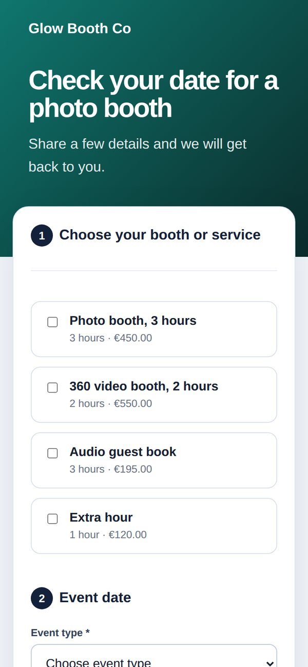 A photo booth company's booking page on a phone