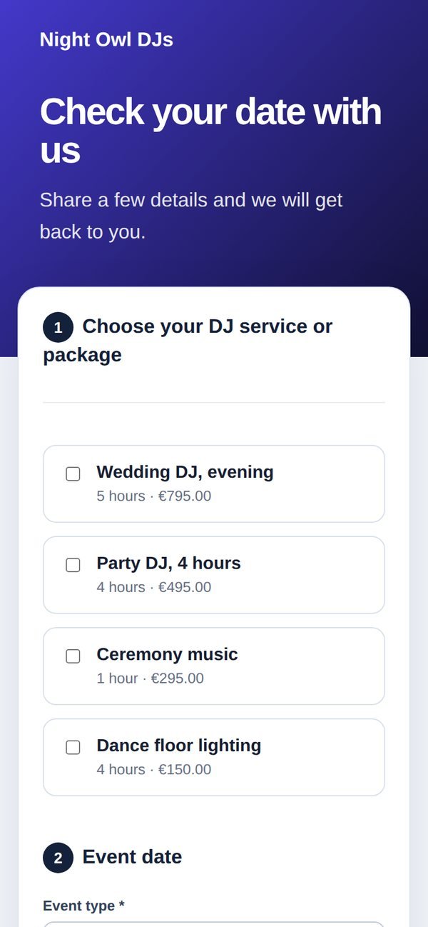 A DJ's booking page on a phone