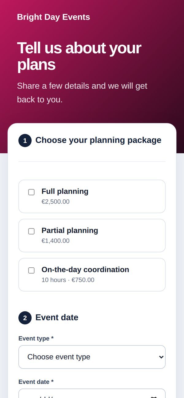 An event planner's booking page on a phone