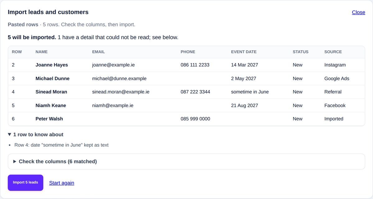 The import preview showing rows to be imported and one to check