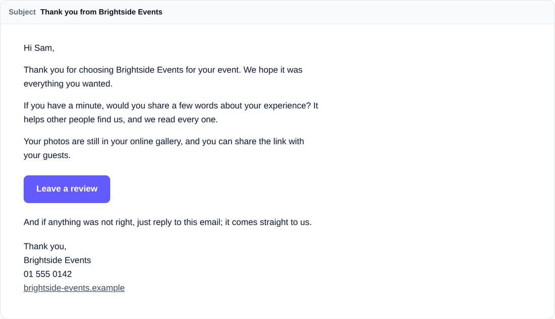 The thank-you email a customer receives after the job, with a link to leave a review